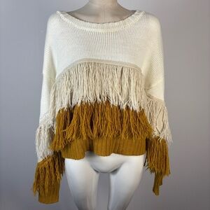 JustFab Fringe Oversize Loose Sweater - Cream and Brown L